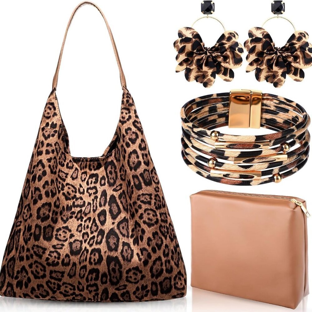 Leopard Tote Bag Set Faux Suede Jewelry Earring Bracelet Women's Accessories